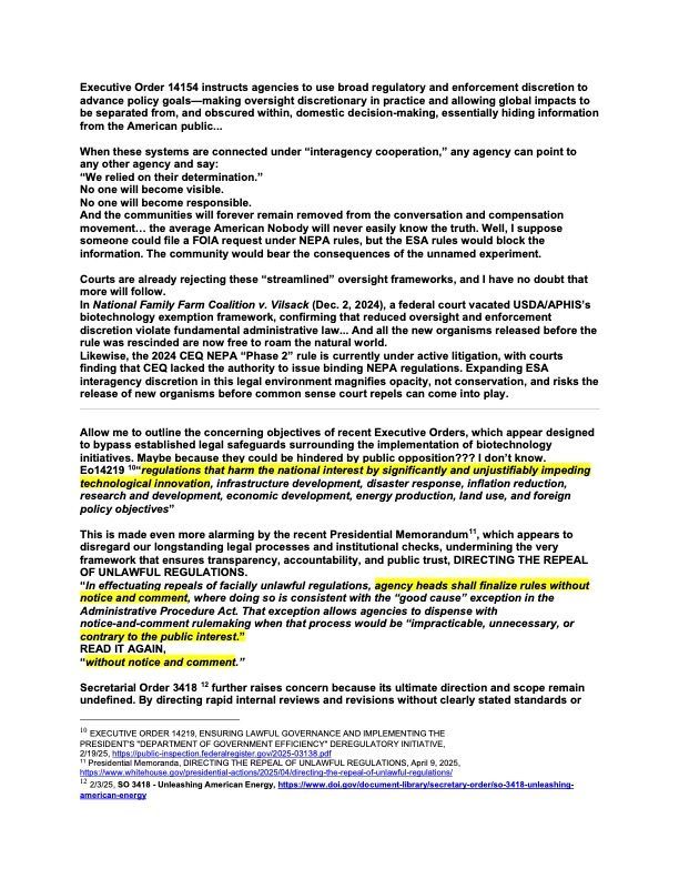 Text document with multiple highlighted sections discussing executive orders, federal regulations, and agency processes.