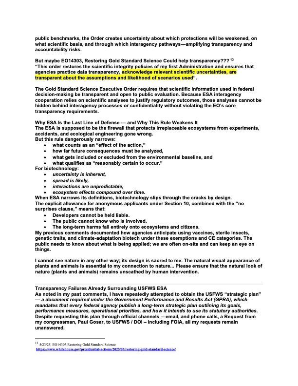 A document page with a highlighted sentence about agency transparency, followed by bulleted points on biotechnology risks.