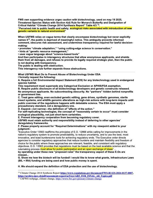 A document titled regarding U.S. Fish and Wildlife Service's use of biotechnology, with bulleted requests and citations.