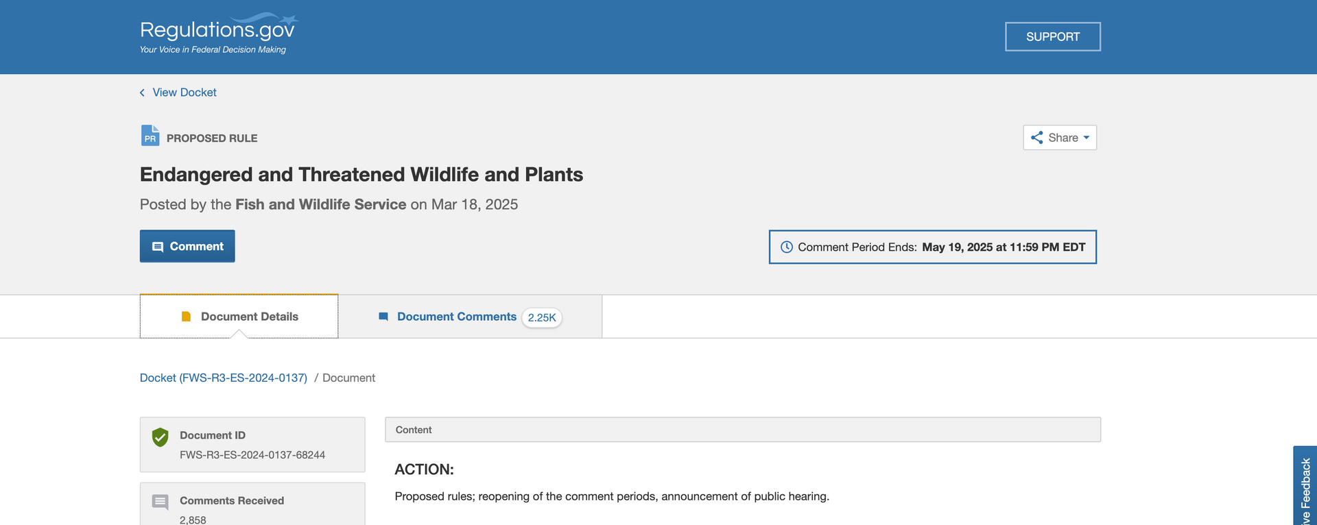 Regulations.gov webpage showing a listing for 