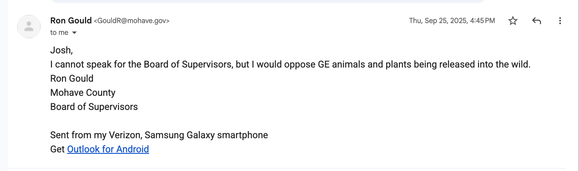 Email from Ryan Gandel stating opposition to releasing animals and plants into the wild.