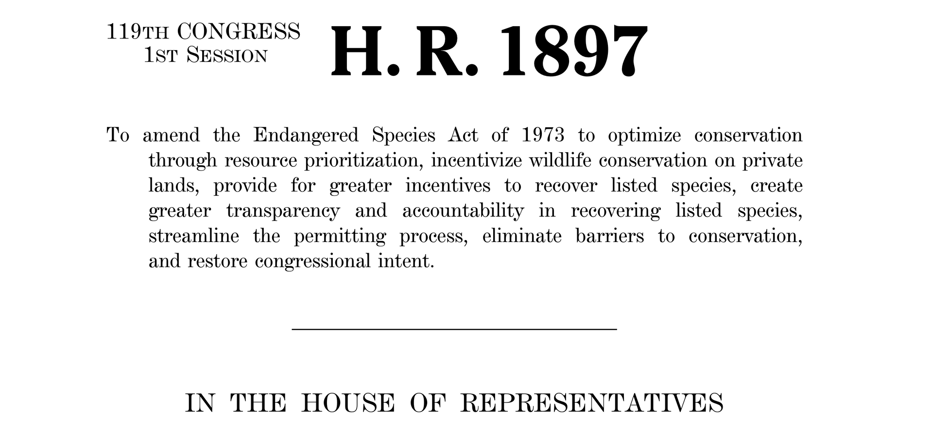 The title page of U.S. House of Representatives bill H.R. 1897, proposing amendments to the Endangered Species Act of 1973.