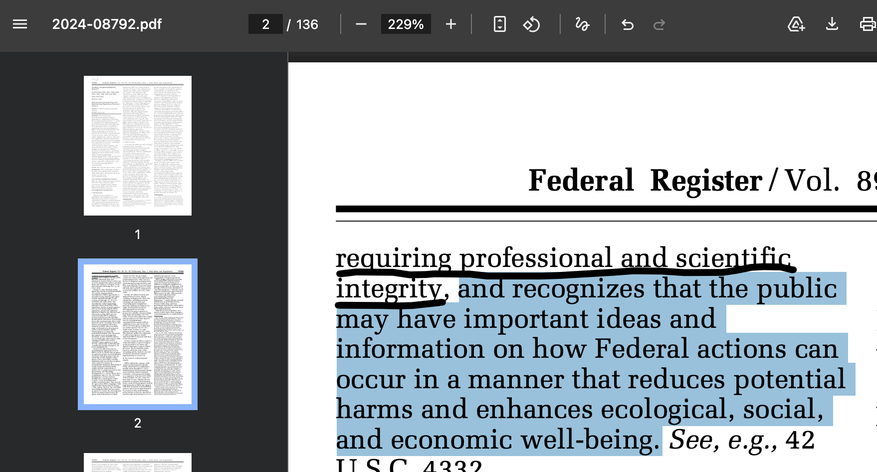 A highlighted sentence in a Federal Register document about professional integrity and public input on Federal actions.