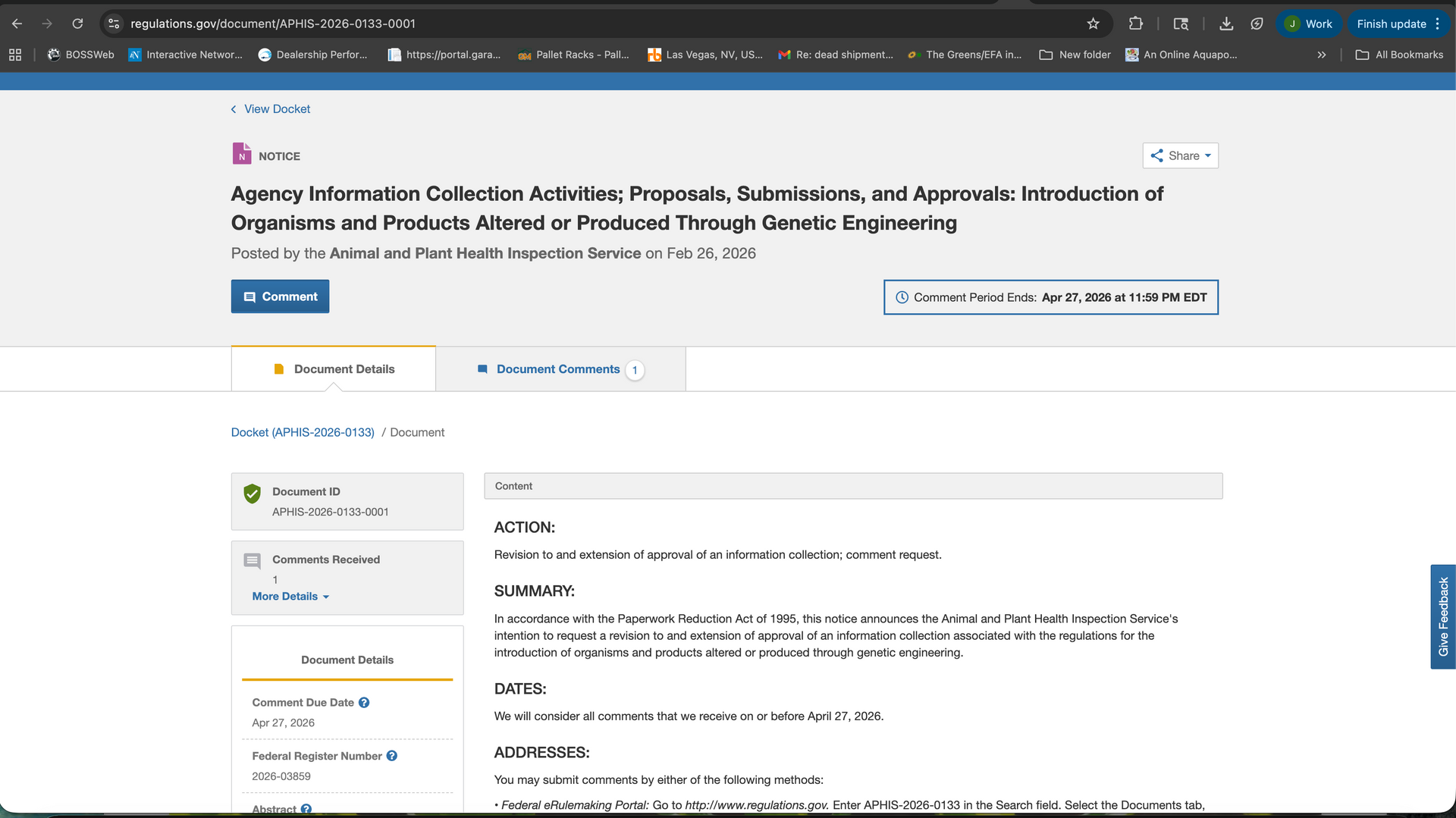 A screenshot of a federal register webpage displaying the title of an agency information collection notice.