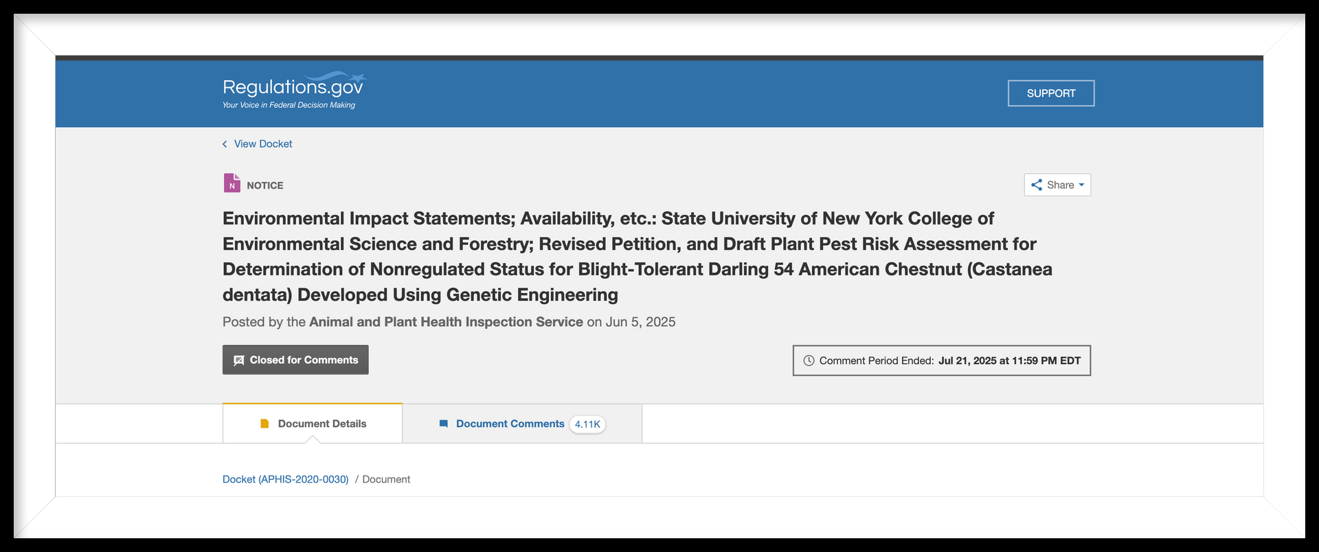 Webpage banner for Regulations.gov showing a public comment notice for an environmental assessment on Chestnut tree research.