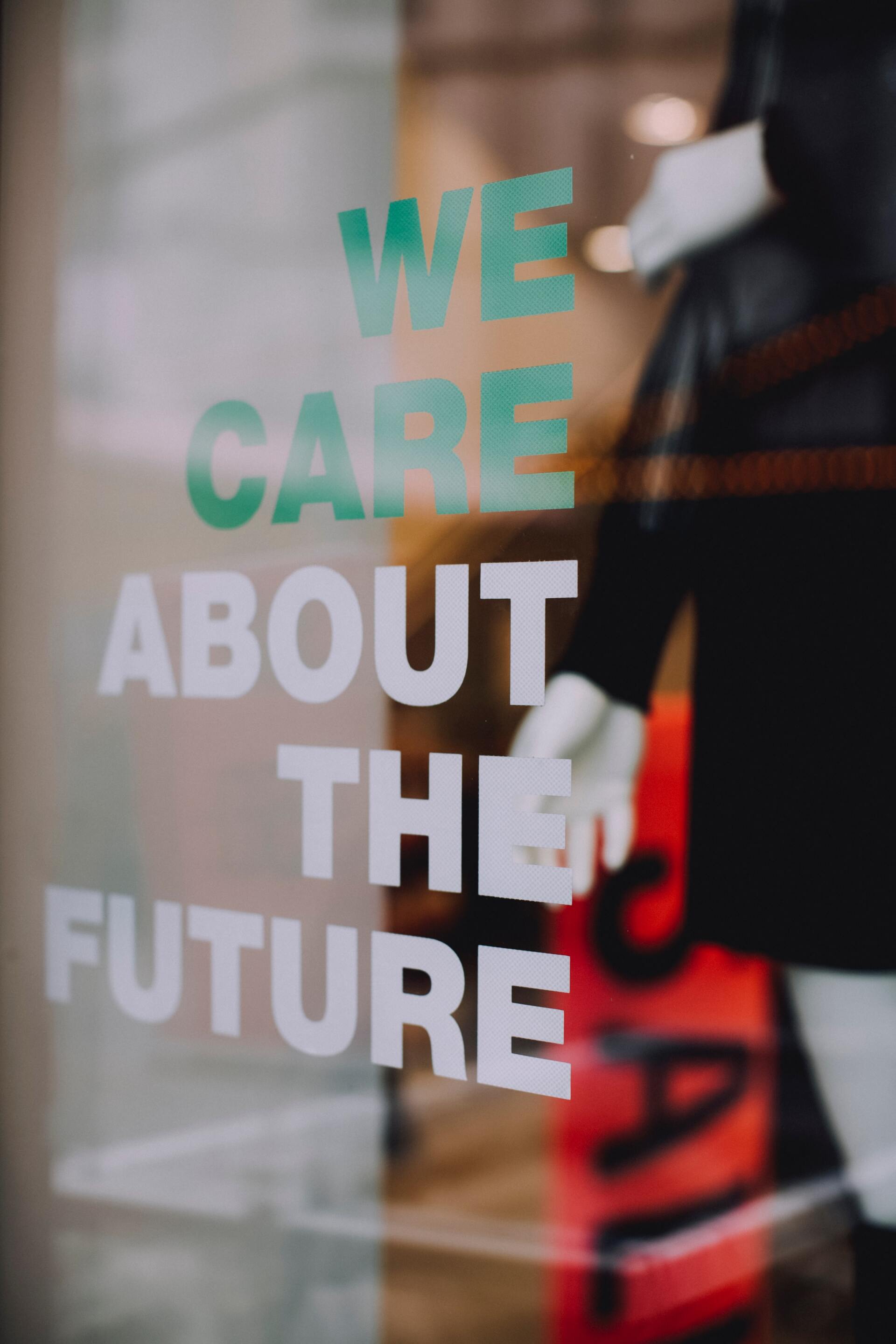 A window decal with green text saying