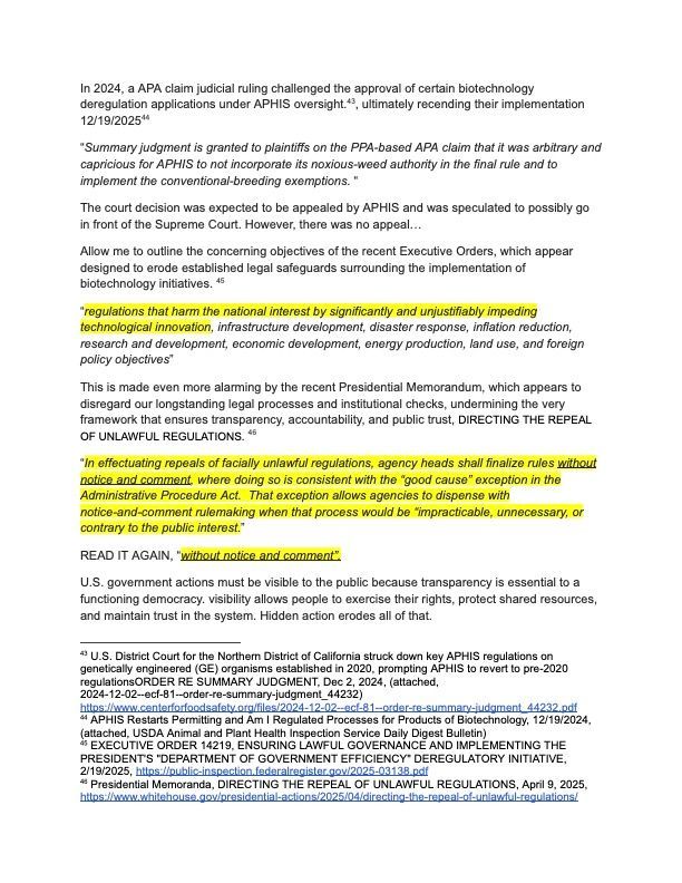 A text document discussing a 2024 court ruling, executive orders, and concerns regarding regulatory transparency.