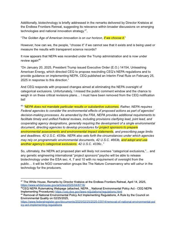 A document page discussing NEPA regulations, biotechnology, and oversight, featuring highlighted text throughout.