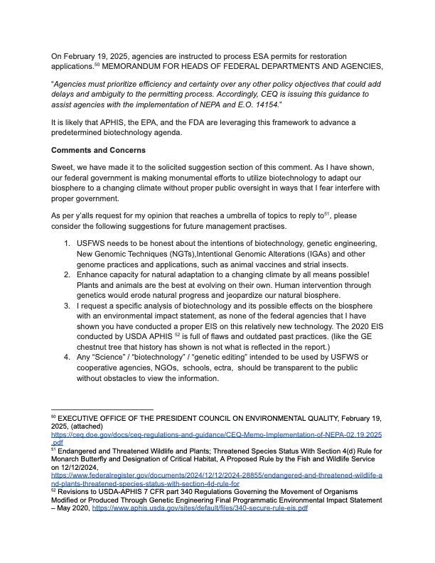 A document discussing government biotechnology policies, environmental impact concerns, and recommendations for transparency.