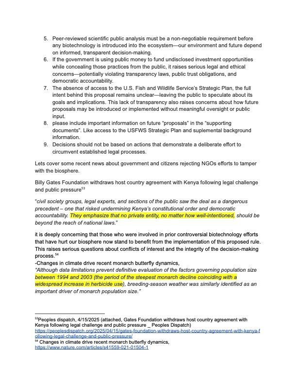 A document page containing five numbered points followed by paragraphs discussing biotechnology and environmental policy.