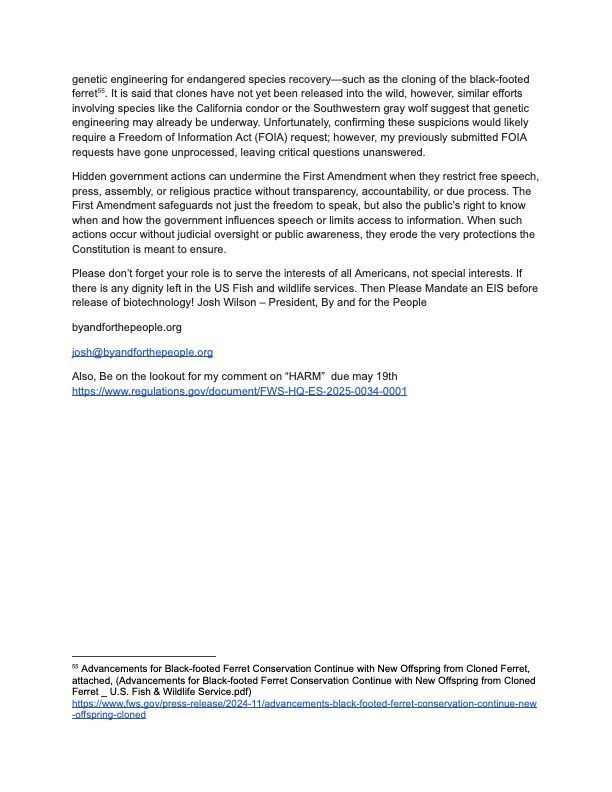 A text document addressing government transparency, genetic engineering for endangered species, and US Fish and Wildlife.