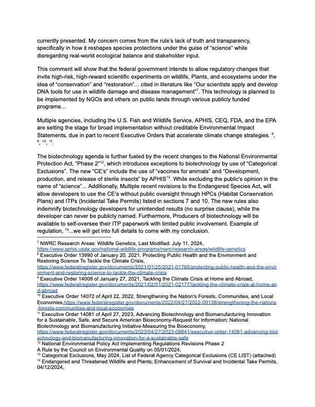 A document excerpt expressing concerns about federal regulatory changes and biotechnology oversight on public lands.