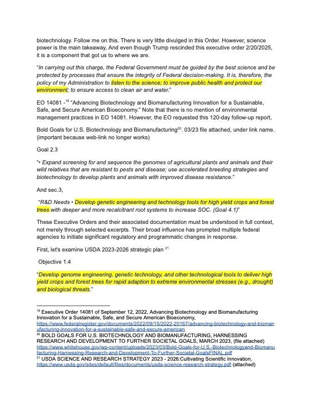 Document excerpt highlighting U.S. executive orders and USDA strategies focused on biotechnology and genetic engineering.