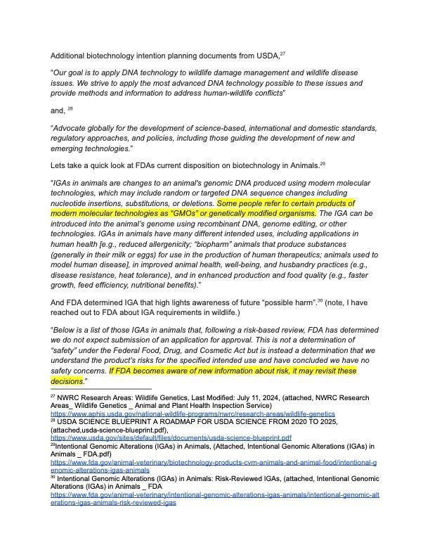 Text document about USDA and FDA biotechnology policies, including highlighted sections regarding GMOs and regulations.