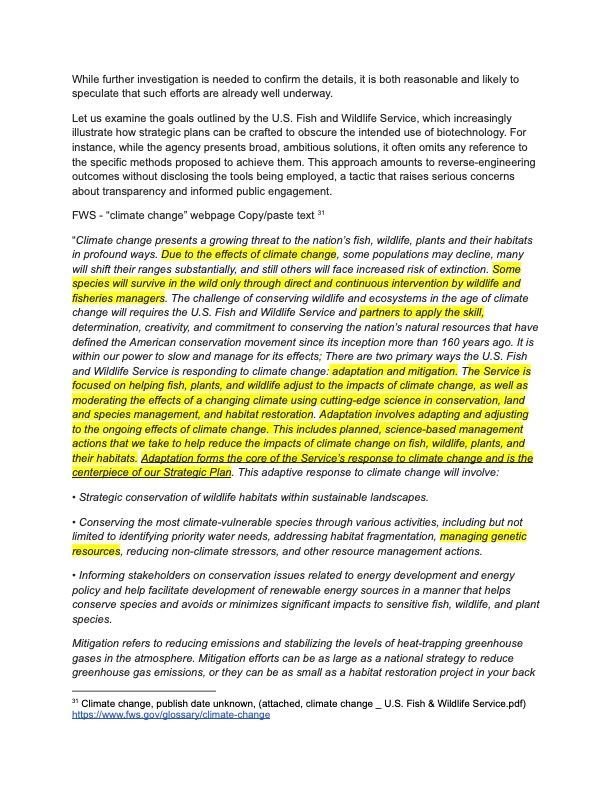 A page of text from the U.S. Fish and Wildlife Service regarding their climate change strategy, with yellow highlights.