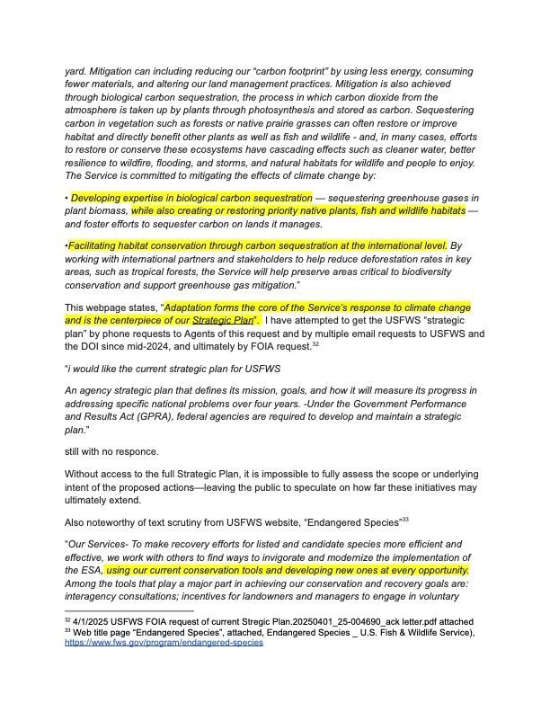 A page of text with several sentences highlighted in yellow, discussing USFWS climate change and conservation strategies.