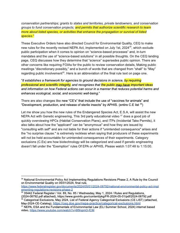 Text excerpt discussing updates to the NEPA Act, Endangered Species Act, and new agency regulations with footnotes.