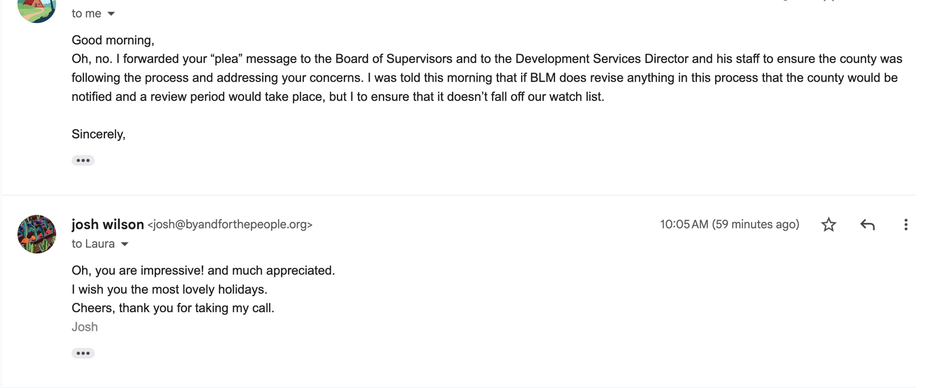 A screenshot of an email thread containing two brief professional messages between colleagues.