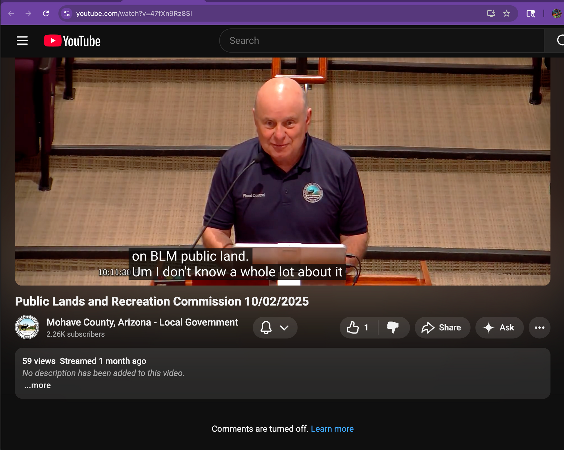 A video of a person speaking at a podium during a Public Lands and Recreation Commission meeting on a YouTube interface.