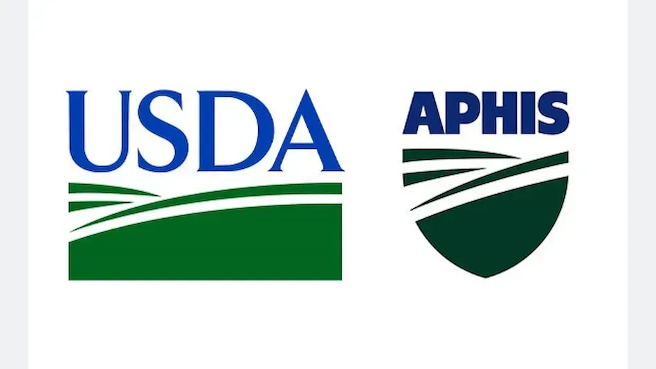 Logos for the USDA and APHIS, featuring blue text and green graphic elements representing fields.