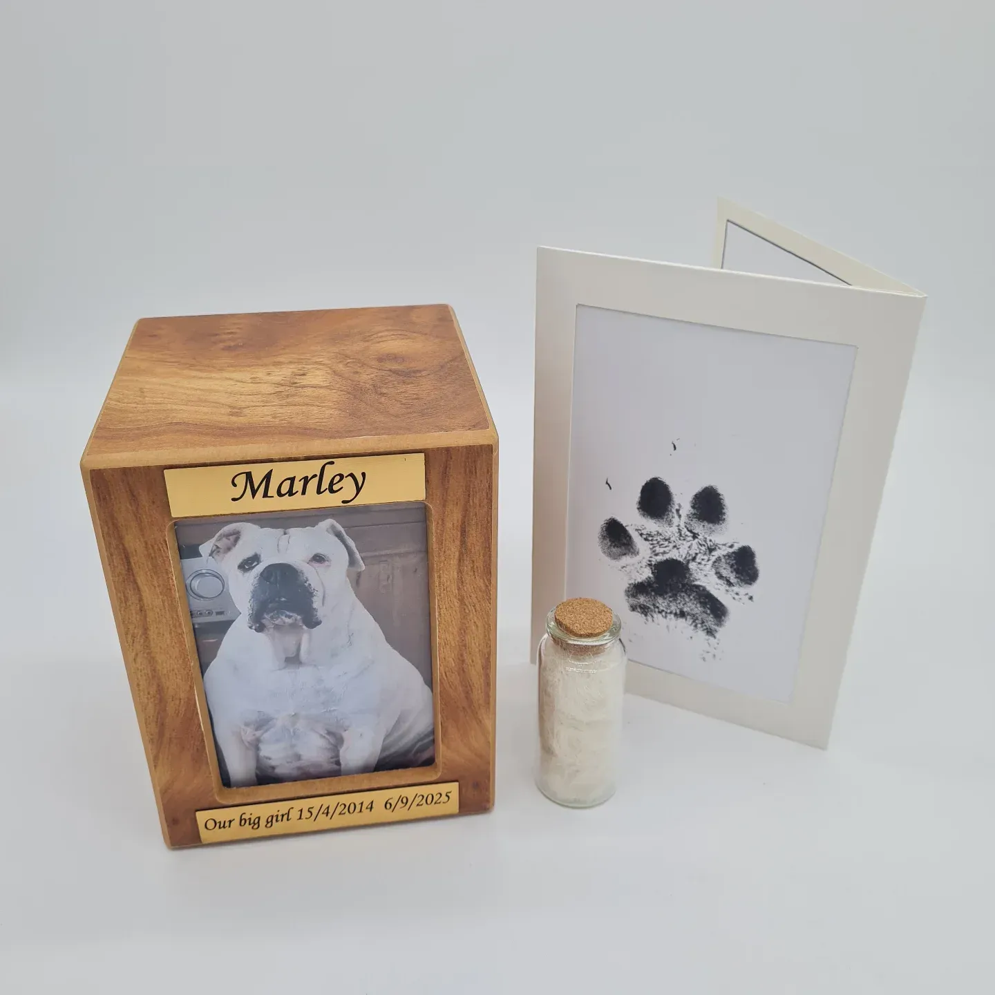 Wooden Pet Urn With Photo and Nameplate, Paw Print Art, and Ash Vial — Furever Pet Cremations in Yeppoon, QLD