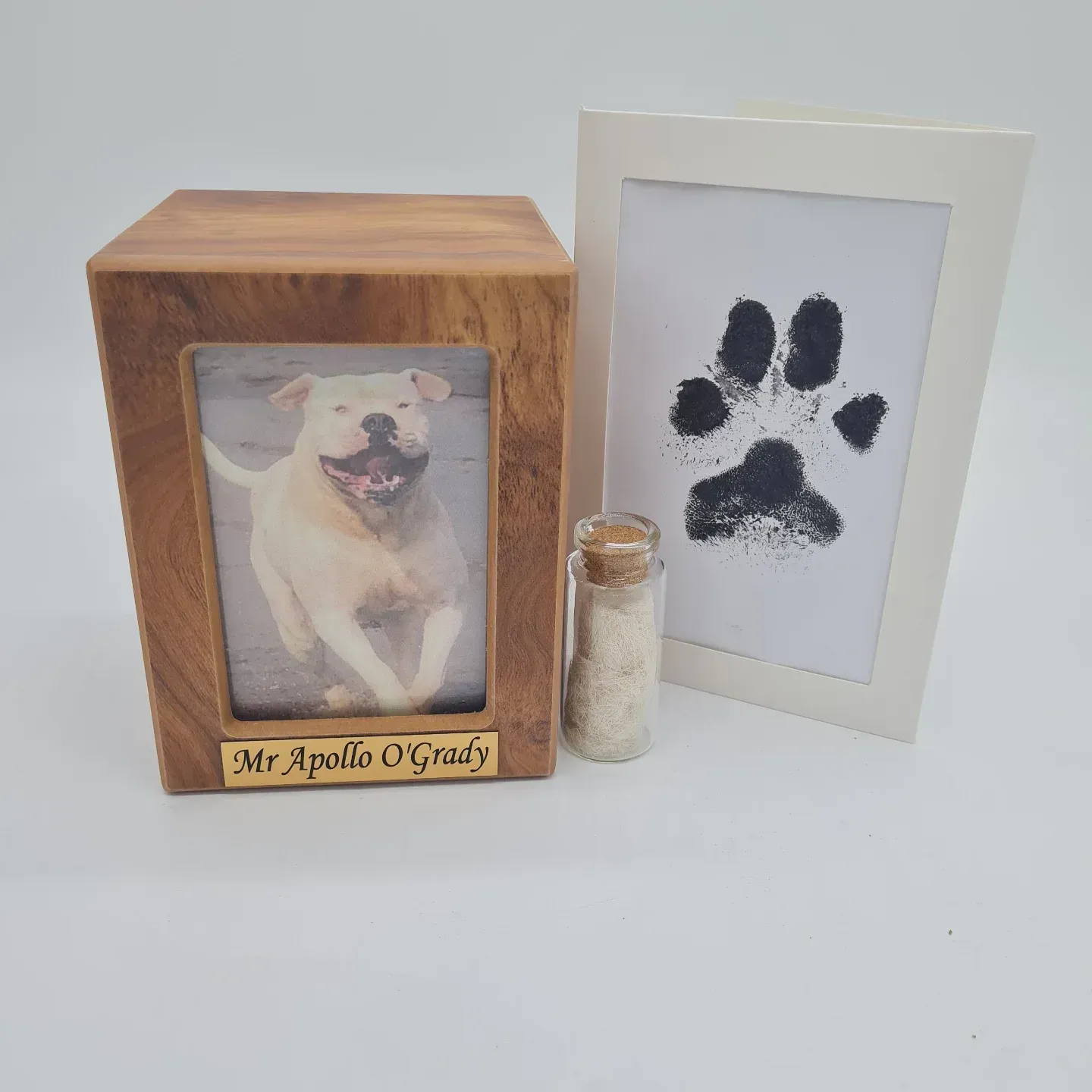 Wooden Pet Urn With Photo and Nameplate, Framed Paw Print — Furever Pet Cremations in Rockhampton, QLD