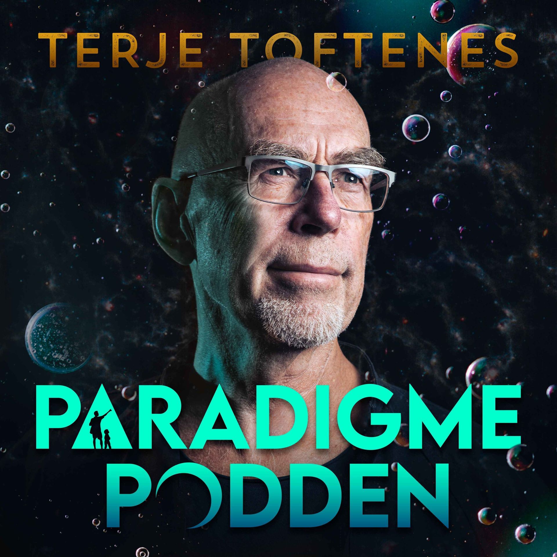 En mann med briller er på forsiden av en bok som heter paradigme podden