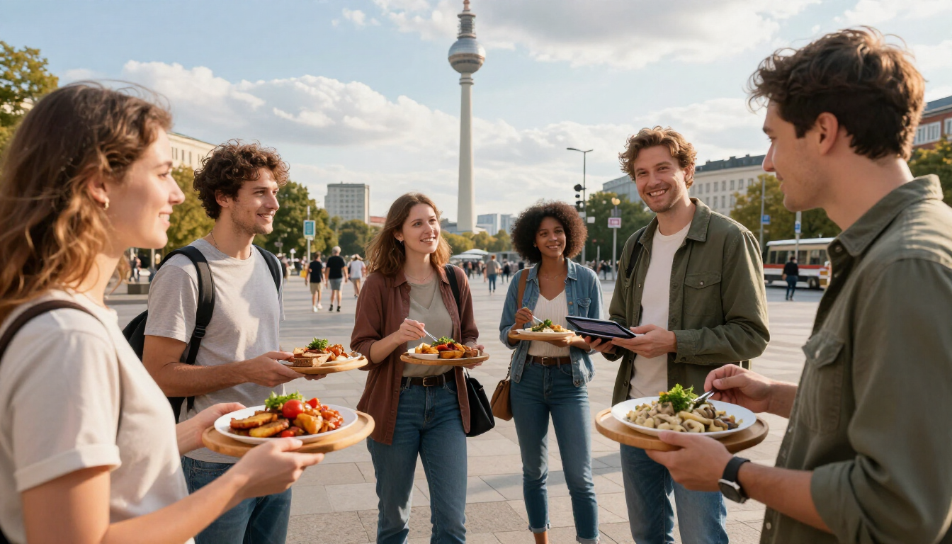 Des voyageurs internationaux dégustent des spécialités végétariennes berlinoises avec un guide local près d'Alexanderplatz.