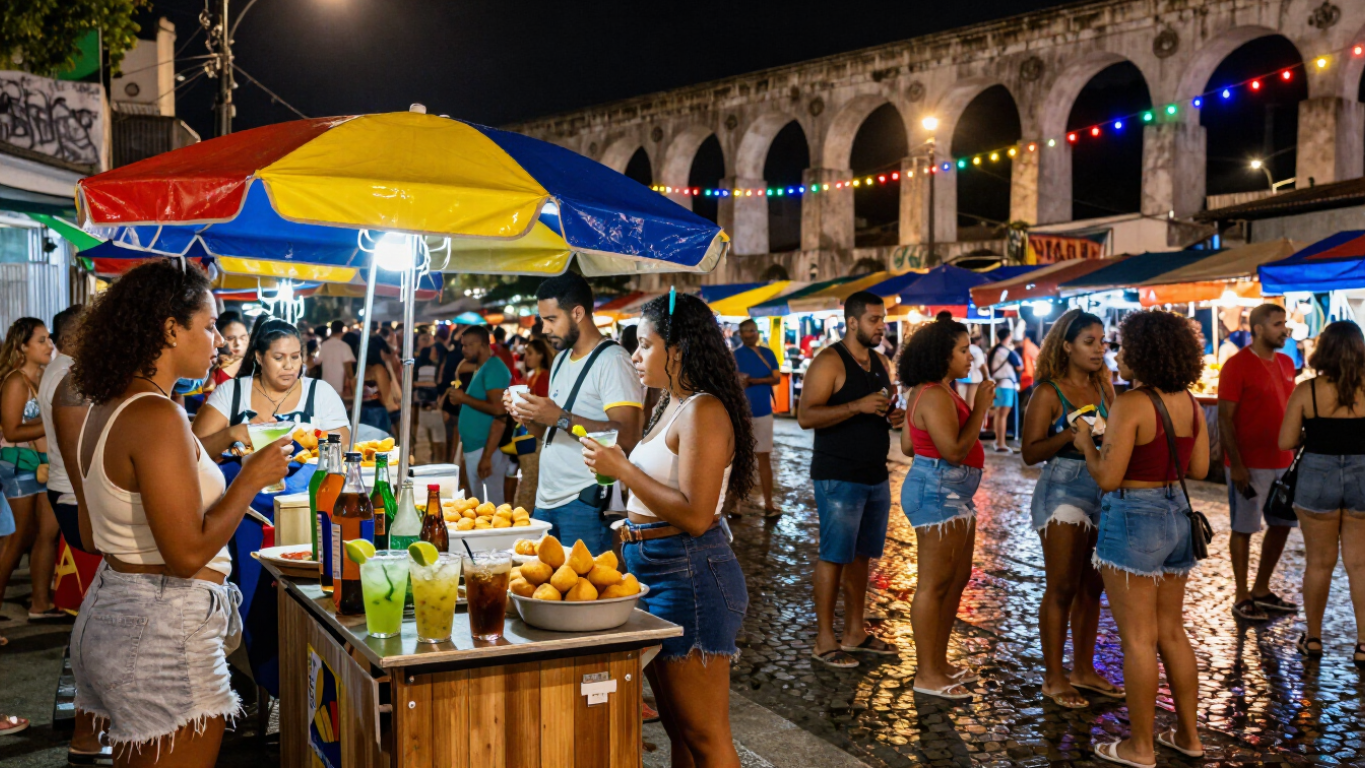 Drinks brasileiros comida de rua e atmosfera noturna na Lapa Rio de Janeiro