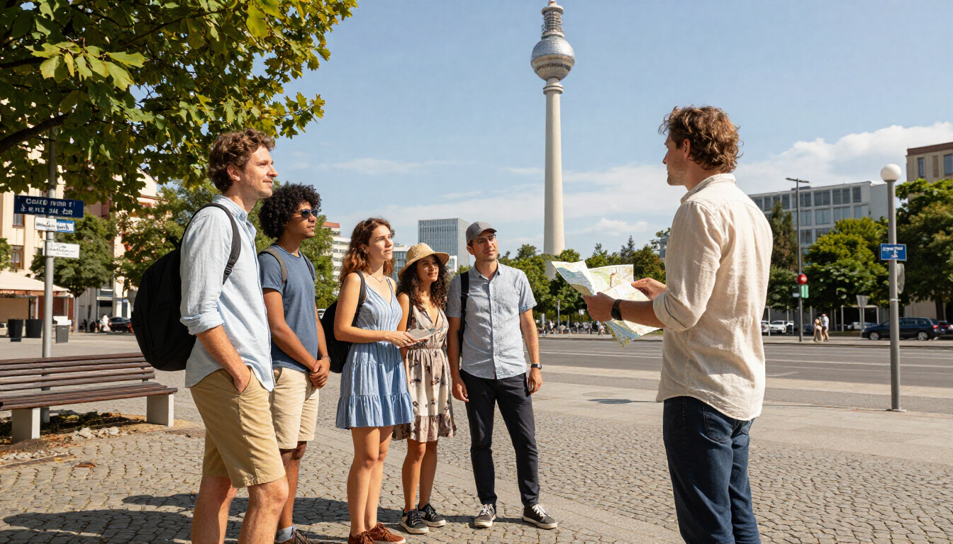 Des voyageurs découvrent Berlin en été avec un guide local près d'Alexanderplatz.