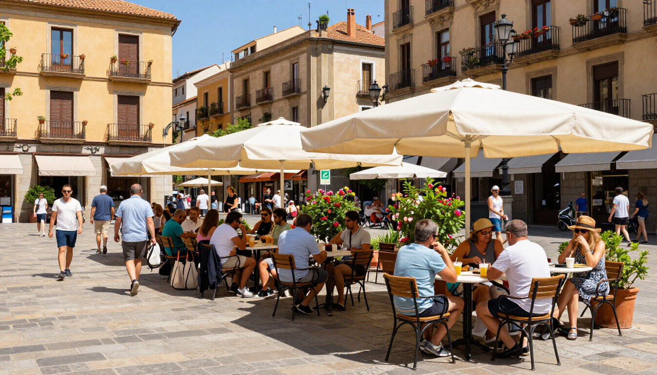 Habitants et voyageurs profitant d'une place emblématique de Gràcia lors d'un après-midi d'été
