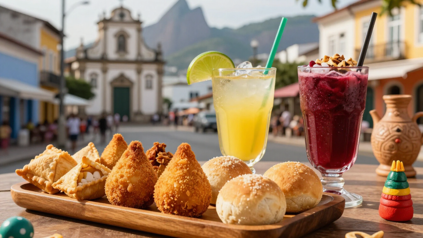 Traditional Brazilian snacks and tropical drinks served during a food tour in Lapa Rio de Janeiro