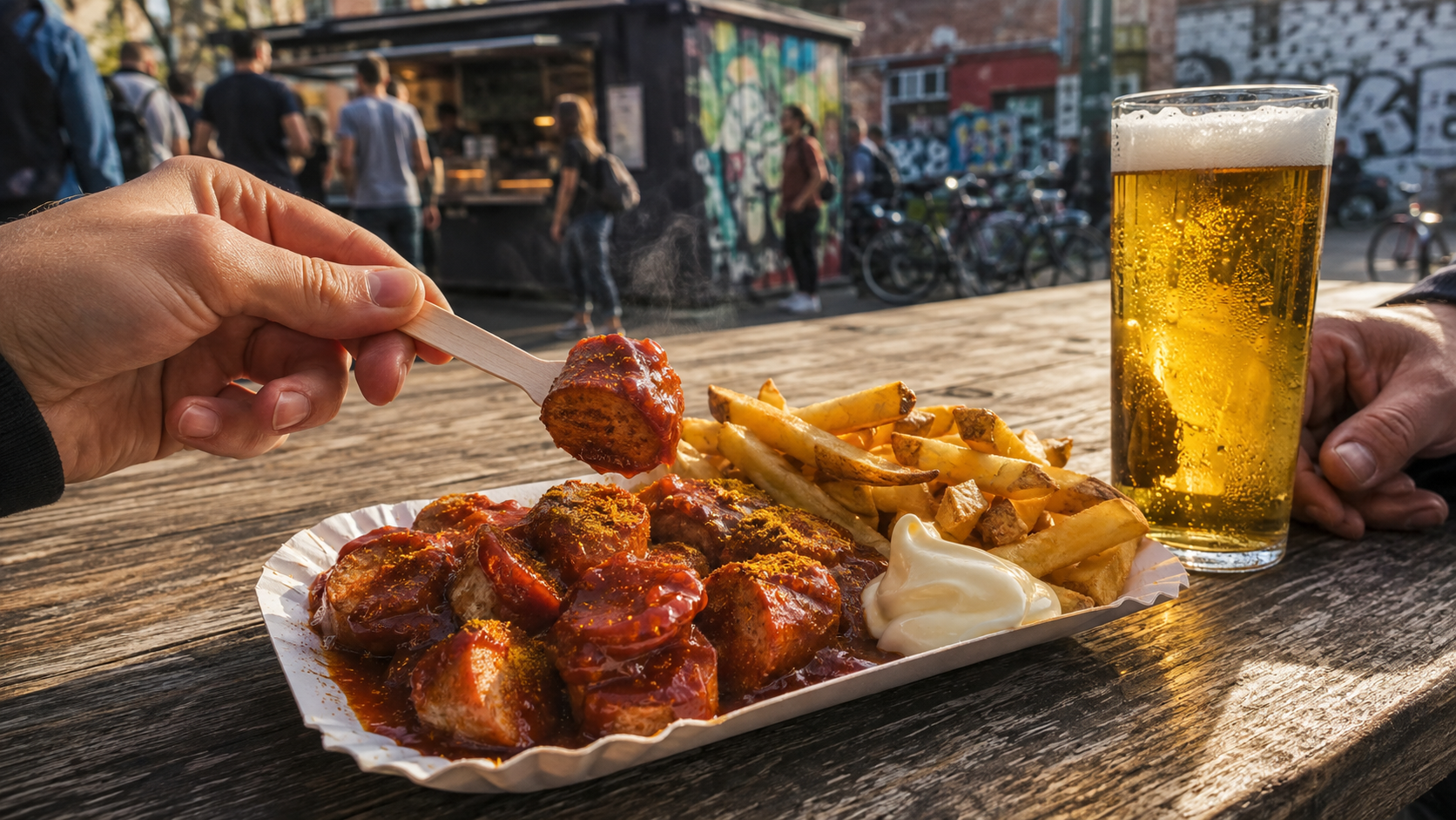 Sliced German Currywurst with curry sauce and fries served at an outdoor Berlin stall in Kreuzberg