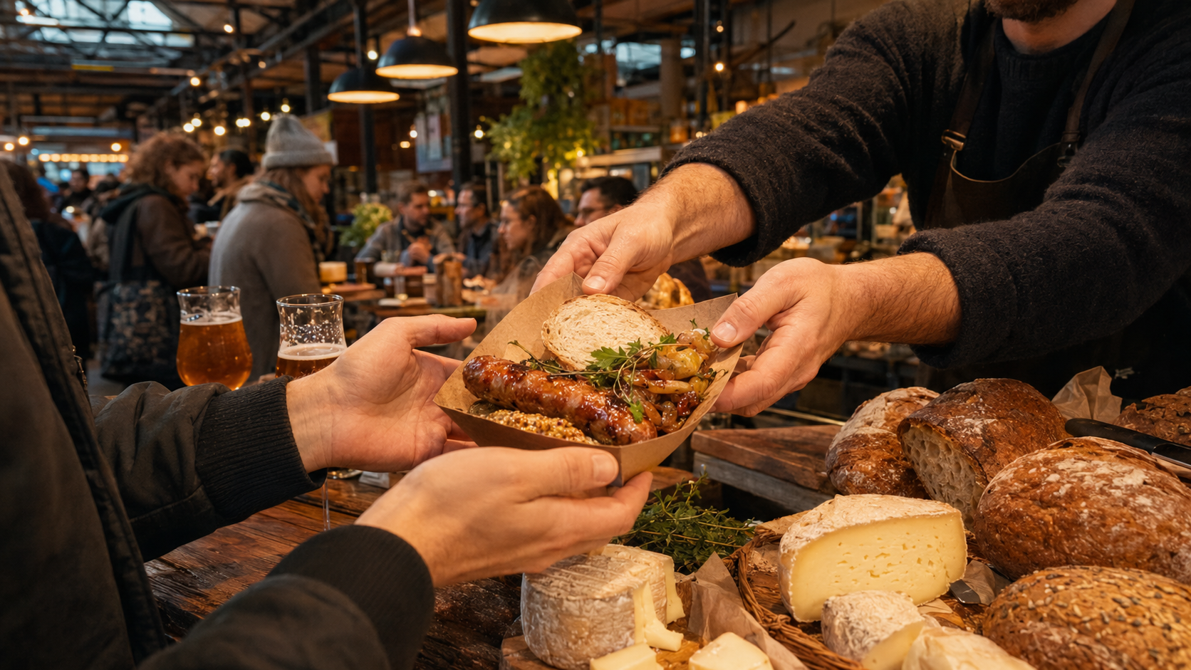 Lively street food vendor and artisanal food stalls inside historic Markthalle Neun in Berlin.