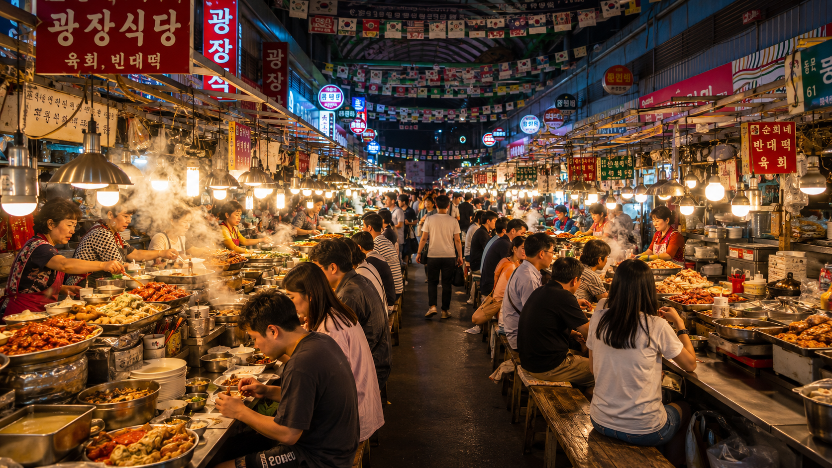 Pasillos llenos de vida y puestos de comida callejera tradicionales en el mercado Gwangjang de Seúl