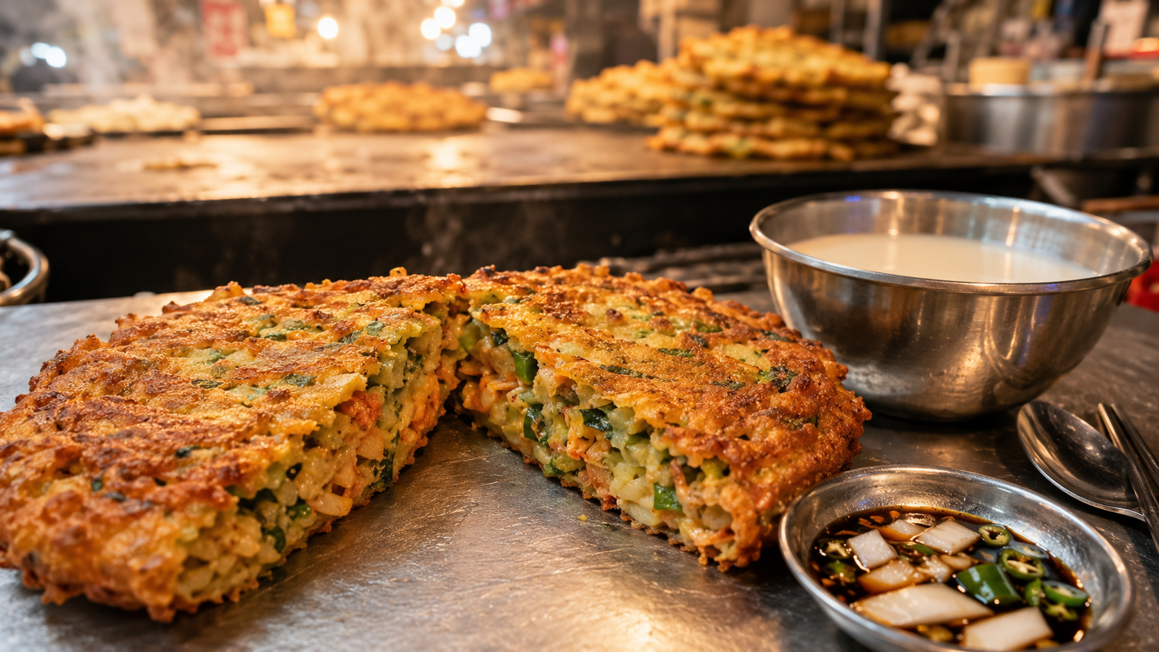 A golden, crispy Korean mung bean pancake served hot on a foil plate at a market stall.