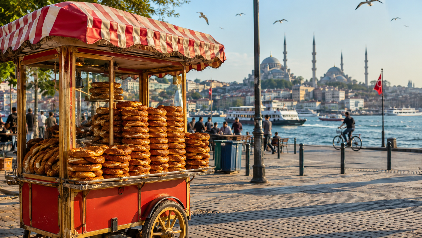 Un icónico carrito rojo de simit lleno de pan turco con sésamo cerca del Bósforo en Estambul.