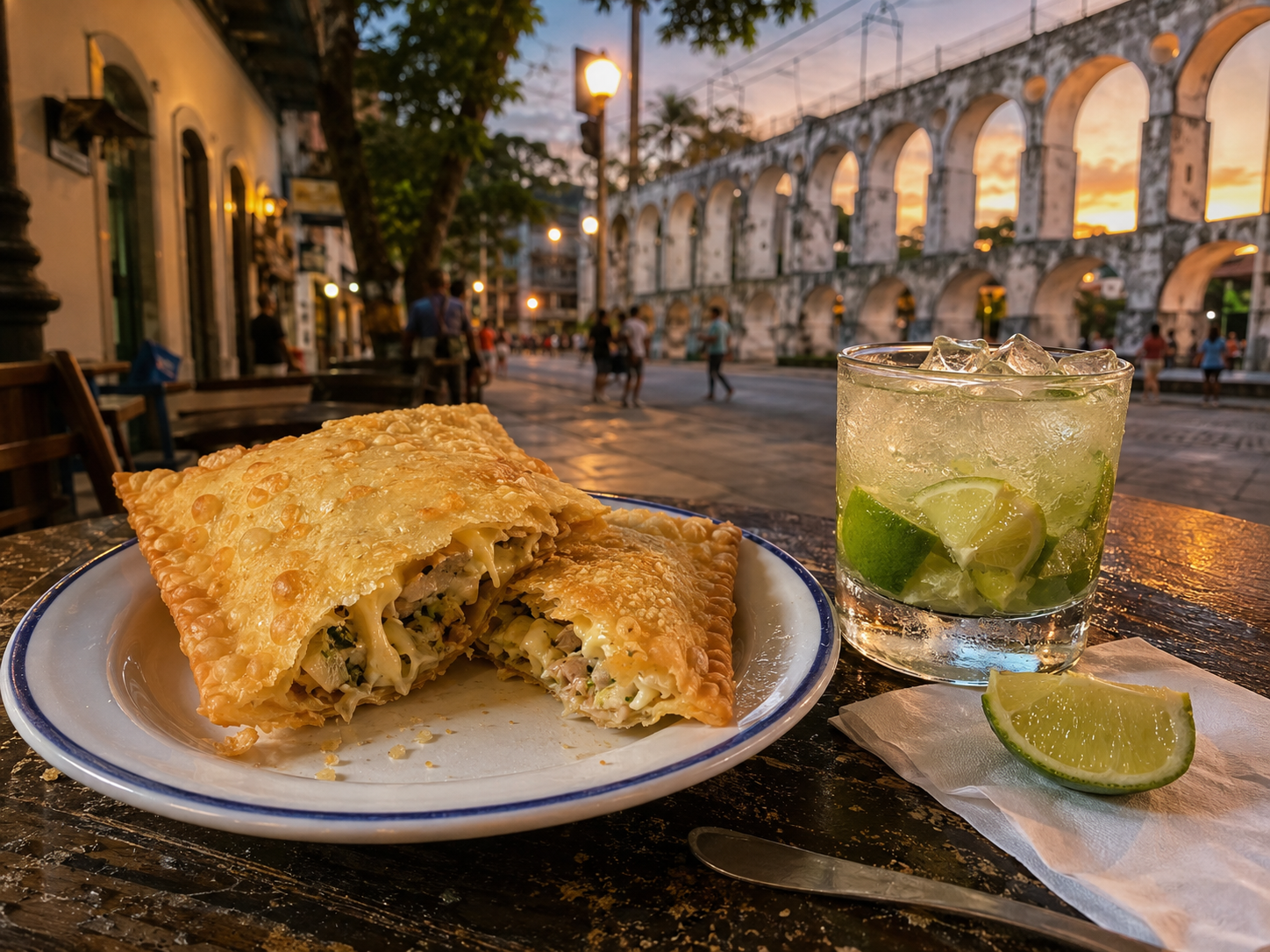 Crispy Brazilian pastel and fresh lime caipirinha on a boteco table with the Arcos da Lapa in Rio de