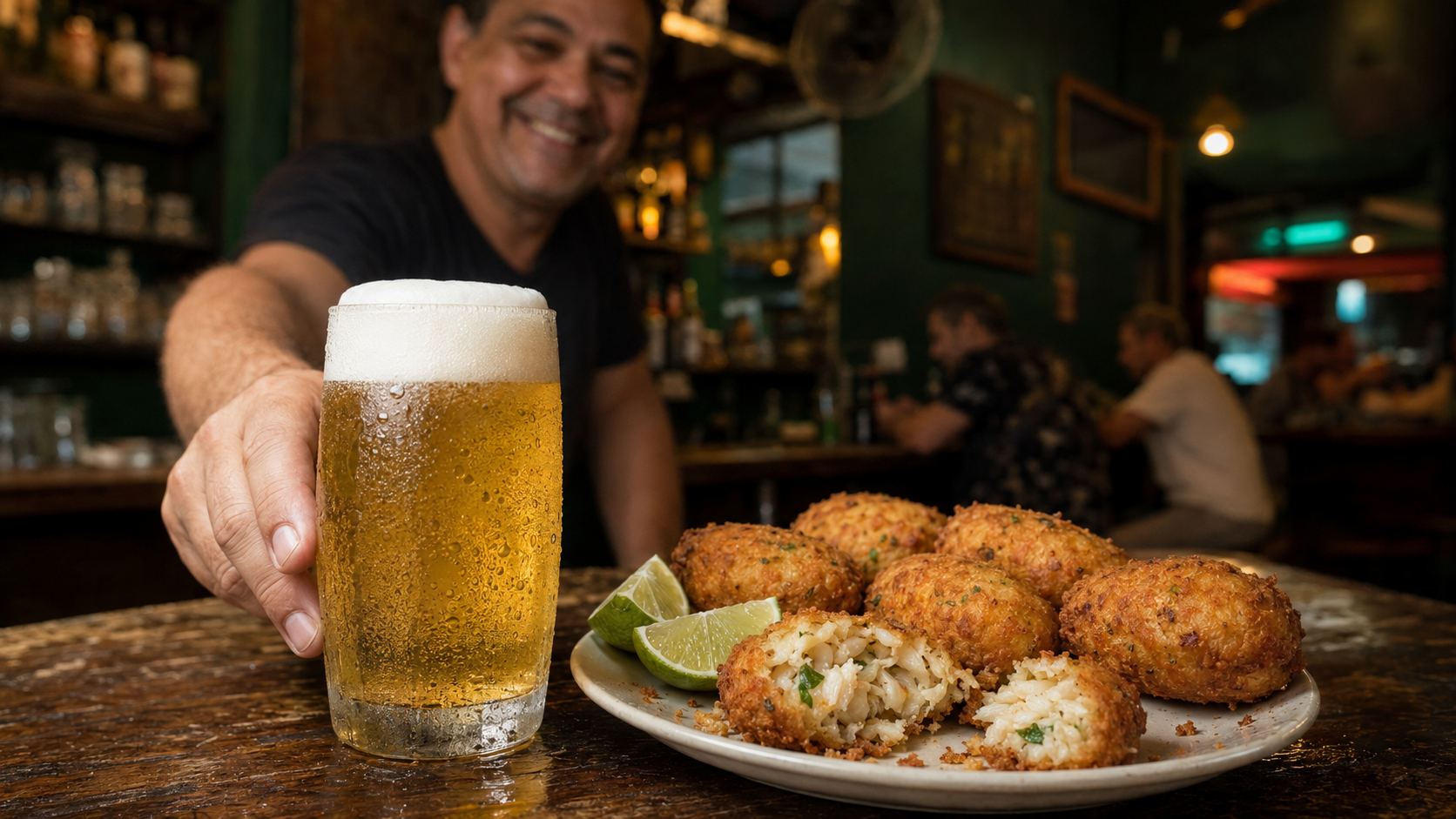 An ice-cold chopp draft beer and golden bolinhos de bacalhau at a vibrant neighborhood boteco in Lapa at night.