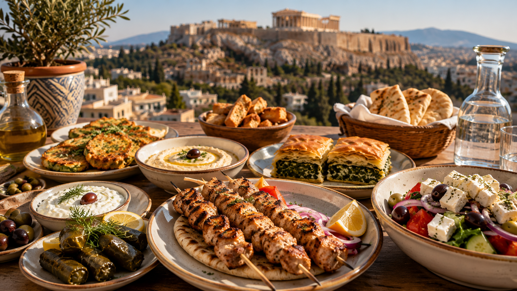 Platos tradicionales griegos servidos en Atenas, mostrando los sabores y el patrimonio gastronómico de Grecia.