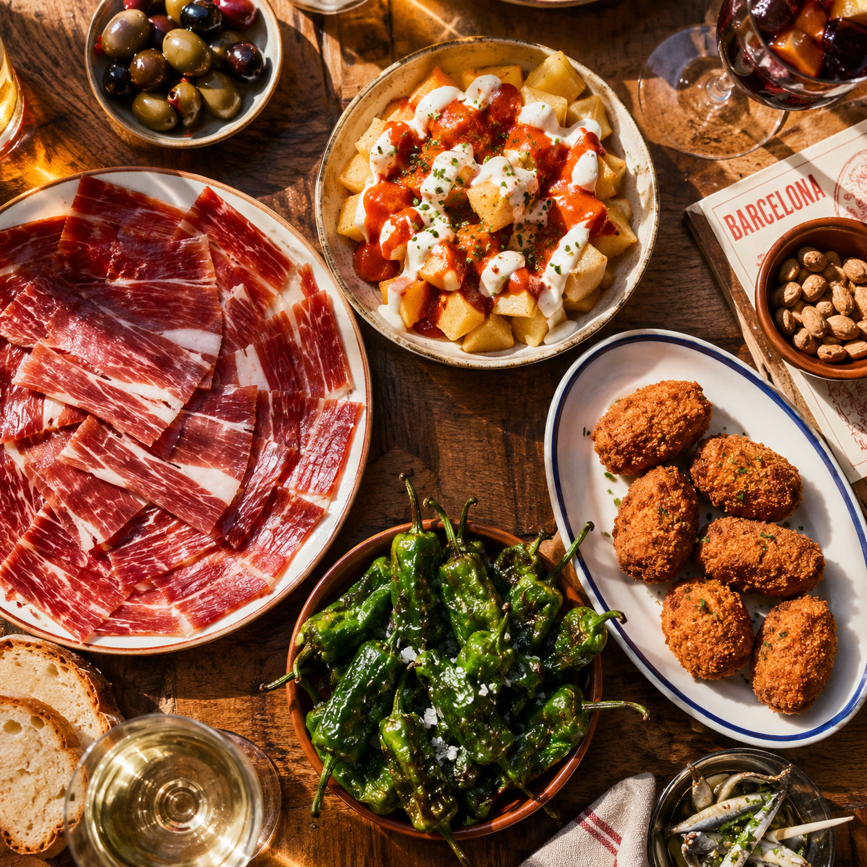 Una mesa llena de tapas españolas tradicionales en una terraza de Barcelona