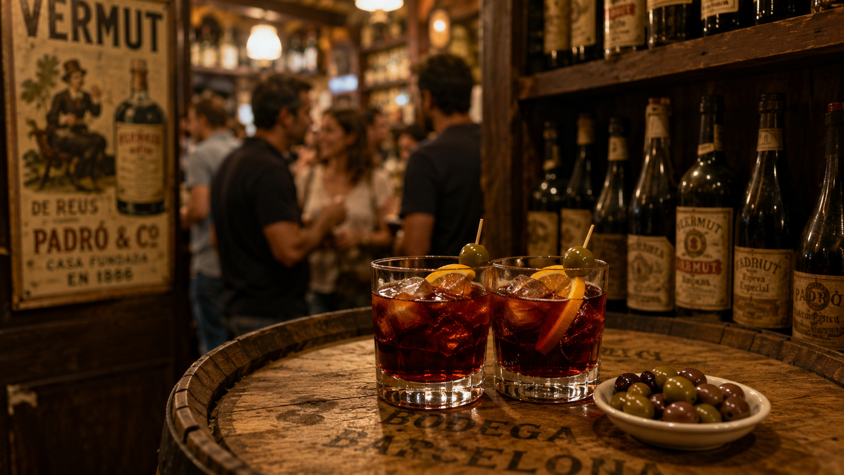 eople smiling and drinking traditional Catalan vermouth inside an authentic Barcelona bodega