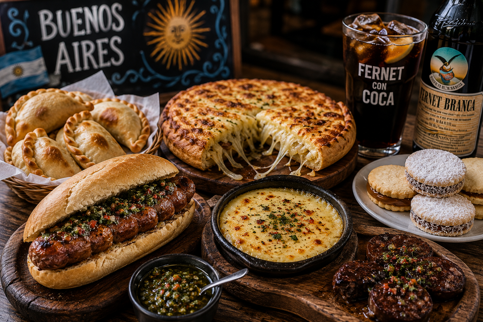 Traditional Argentine food including choripán empanadas and fugazzeta served in Buenos Aires