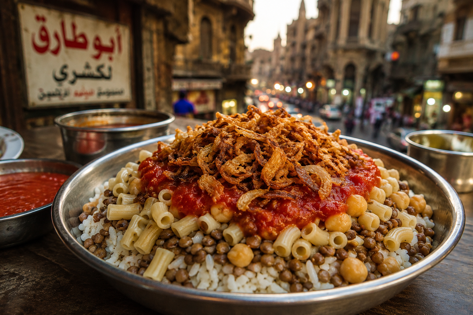 Koshary traditionnel servi dans le centre-ville du Caire avec riz pâtes lentilles pois chiches et oignons frits