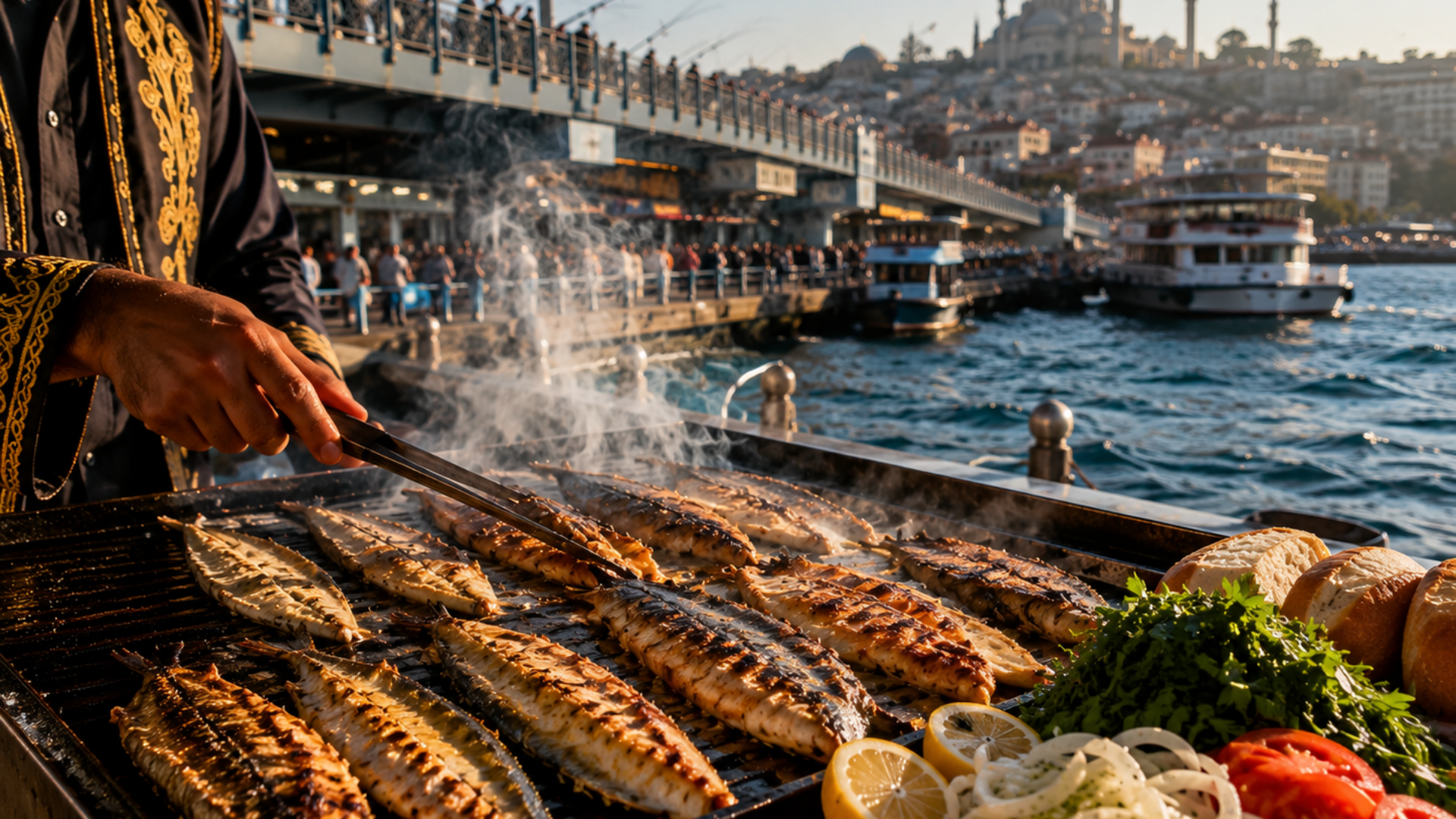 Fresh mackerel grilling on a boat next to Galata Bridge for traditional Balık Ekmek.