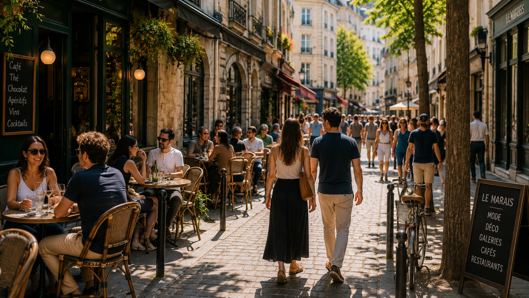 Locales y visitantes disfrutando del ambiente único de Le Marais en una cálida tarde parisina