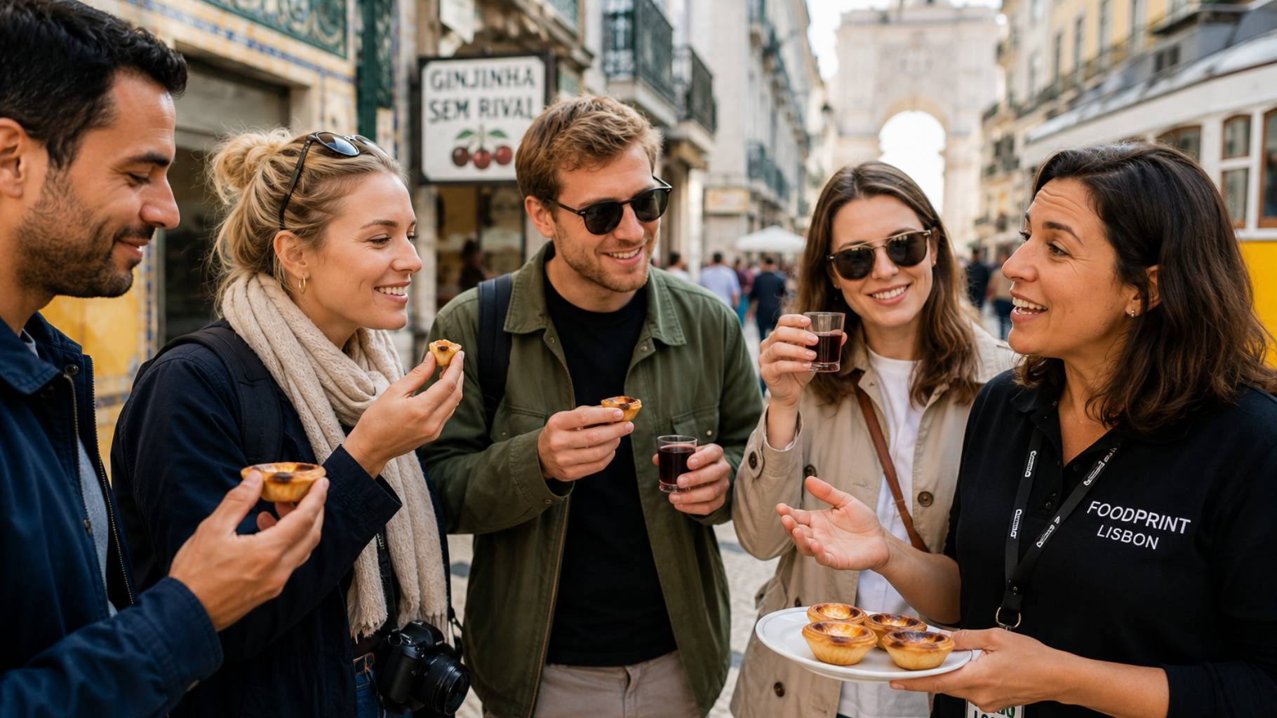 Internationale Reisende probieren portugiesische Spezialitäten mit einem lokalen Guide im historischen Baixa-Viertel von Lissabon.
