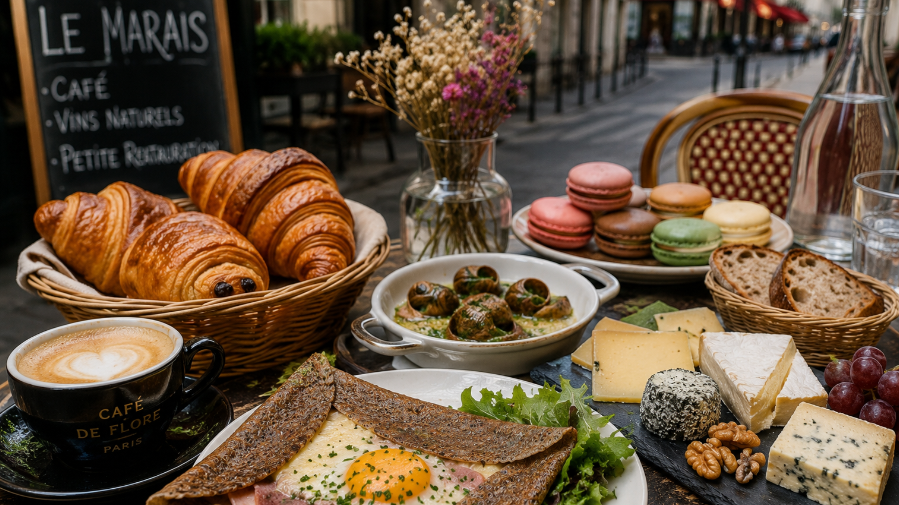 Spécialités françaises traditionnelles comprenant croissants, macarons, fromages et galettes servies dans le Marais