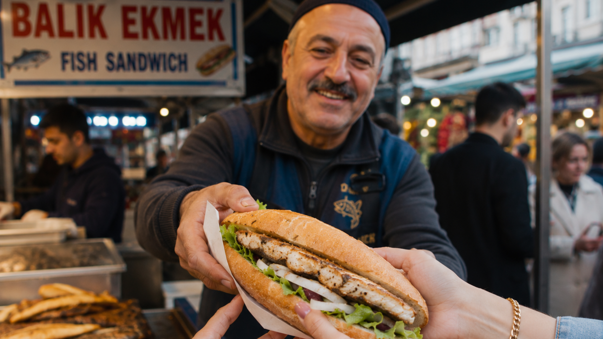 Vendeur local servant un balık ekmek traditionnel à des voyageurs pendant un food tour à Kadıköy Istanbul