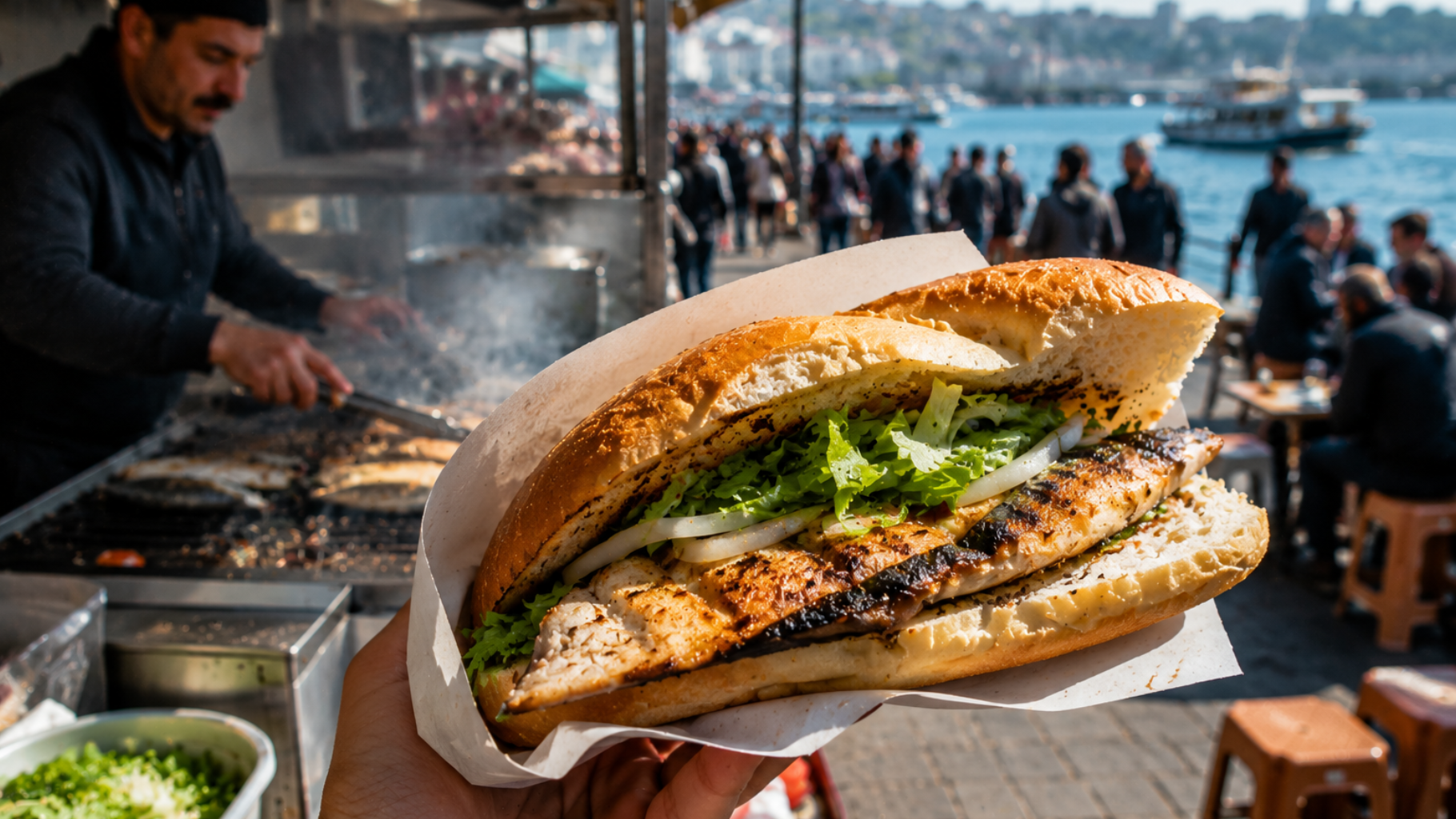Sándwich balık ekmek recién servido en un tradicional puesto de street food en Estambul junto al mar